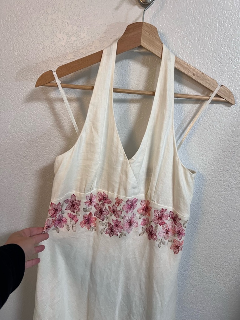 Ann Taylor Women’s Linen Halter Dress Pink Floral Embroidery Empire Waist Midi - Picture 13 of 16